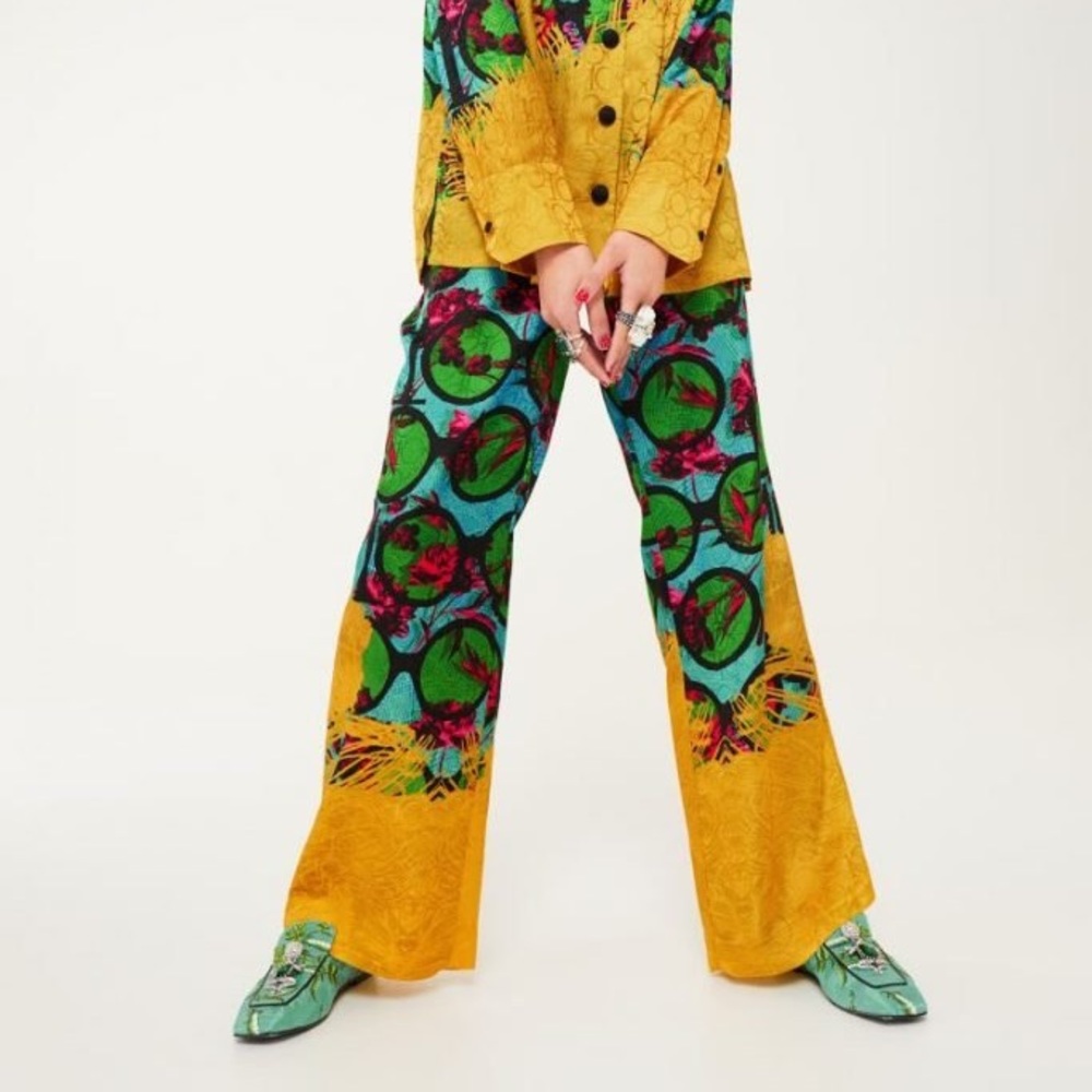 IRIS APFEL x H&M - Turquoise and Yellow - Bold Print Pants - Size L
